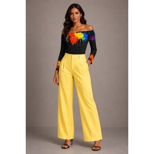 Touch Me Large Black Rainbow Paint Drip Butterfly Off Shoulder Long Sleeve Top